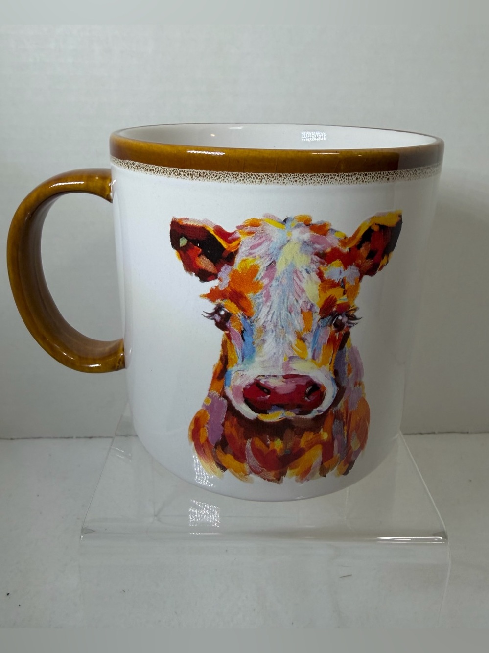 Cow Art Coffee Mug Brown Rim Handle Colorful Farmhouse Dishwasher Safe